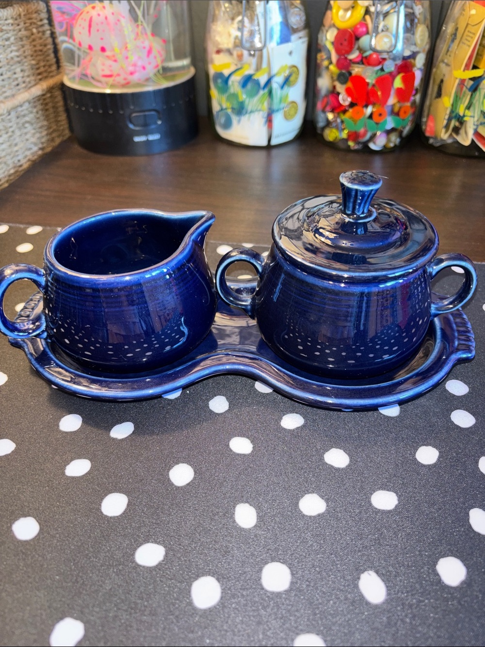 EUC VINTAGE 4 piece set Fiesta Cobalt blue creamer, sugar bowl with lid, and tra